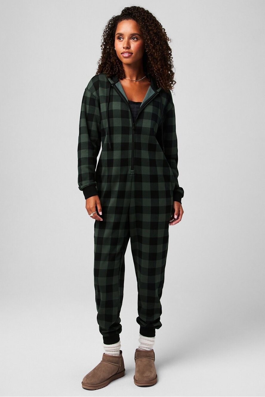Fabletics Fleece Hooded Onesie One Piece Pajama, Green Black Womens Sz M